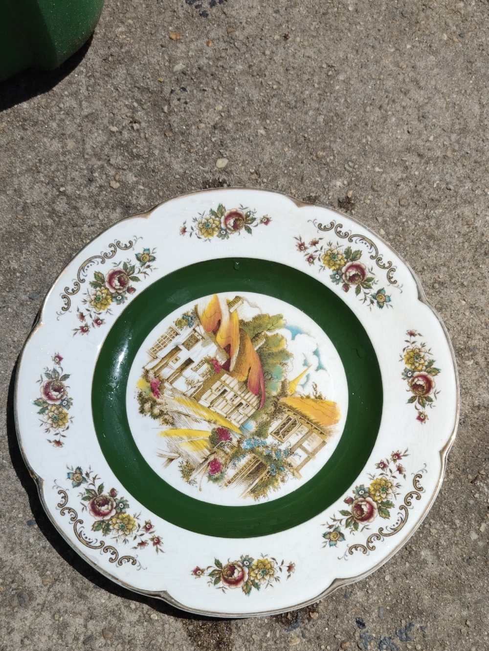 Decorative White and Green Ceramic Decorative Plate with Cottage Scene